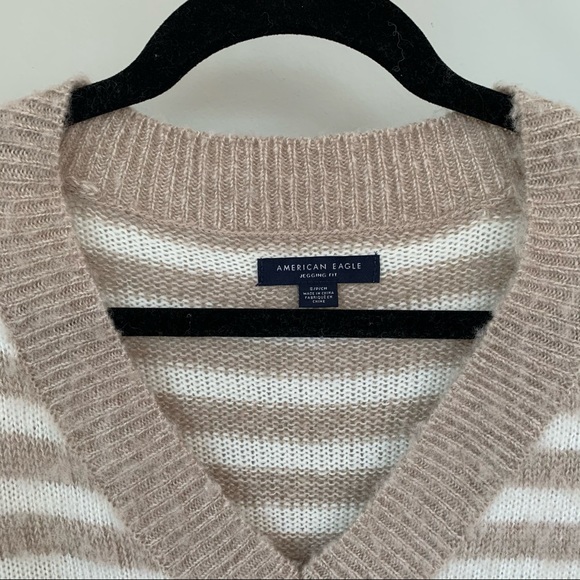 AEO brown and white stripe v-neck sweater - Picture 3 of 6